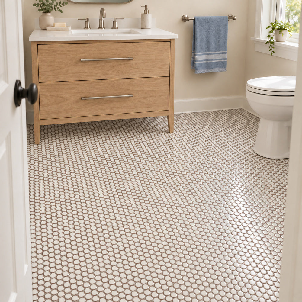 Simple Cream Penny Round Ceramic Mosaic Glossy installed on bathroom floor