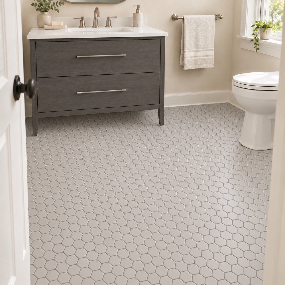 Simple Gray 2" Hexagon Ceramic Mosaic Matte installed on bathroom floor