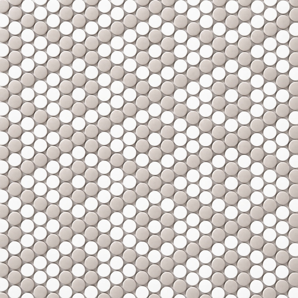 Simple Gray and White Penny Round Ceramic Mosaic Matte close-up
