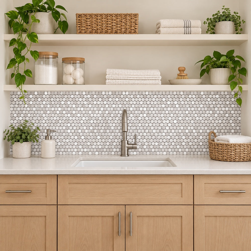 Simple Gray and White Penny Round Ceramic Mosaic Matte installed laundry backsplash