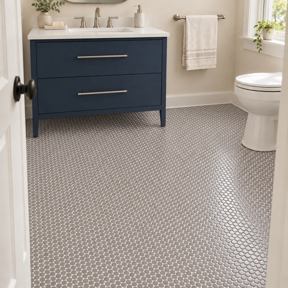 Simple Gray Penny Round Ceramic Mosaic installed as small penny-round mosaic on bathroom floor
