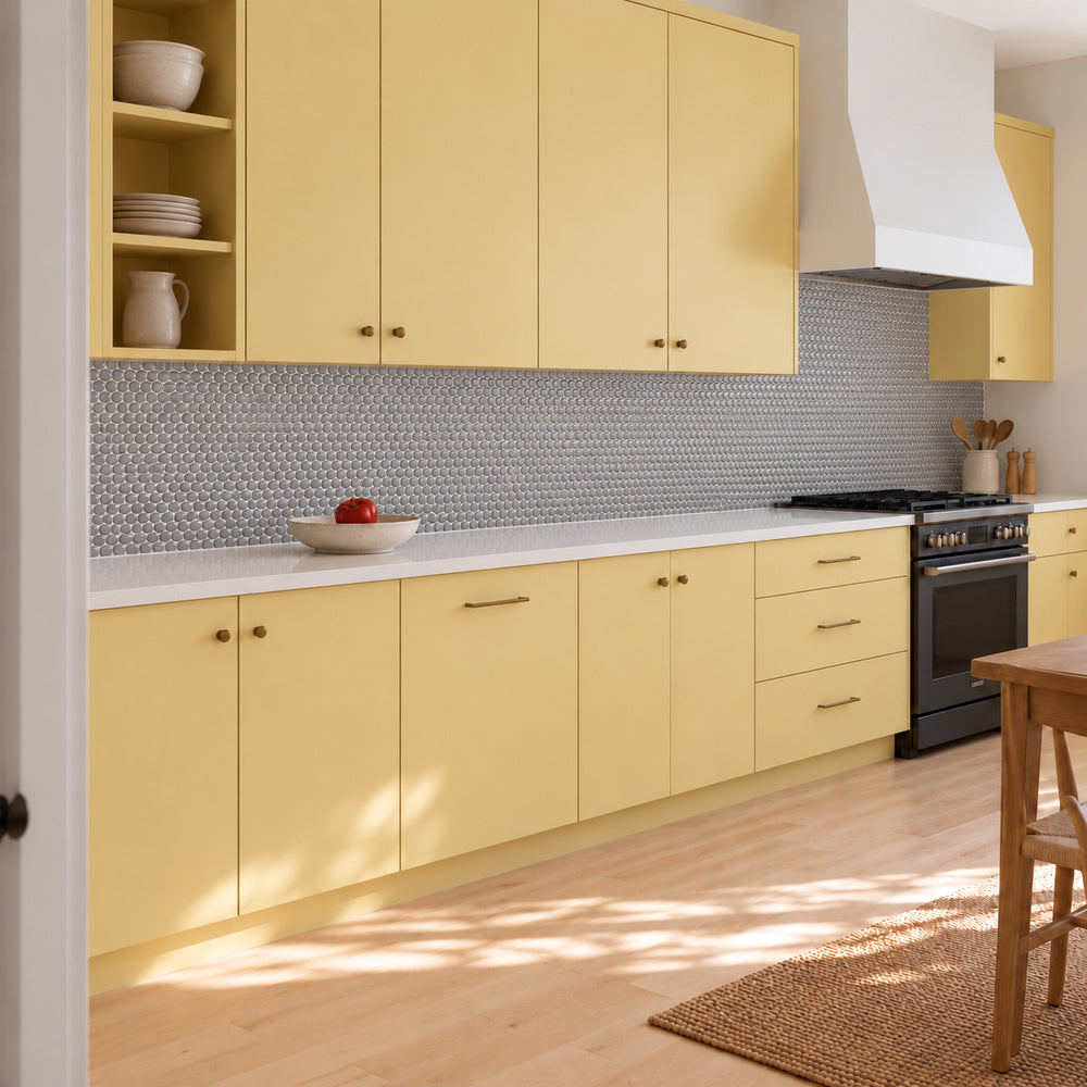 Simple Gray Penny Round ceramic mosaic backsplash in a yellow kitchen, small gray circular tiles