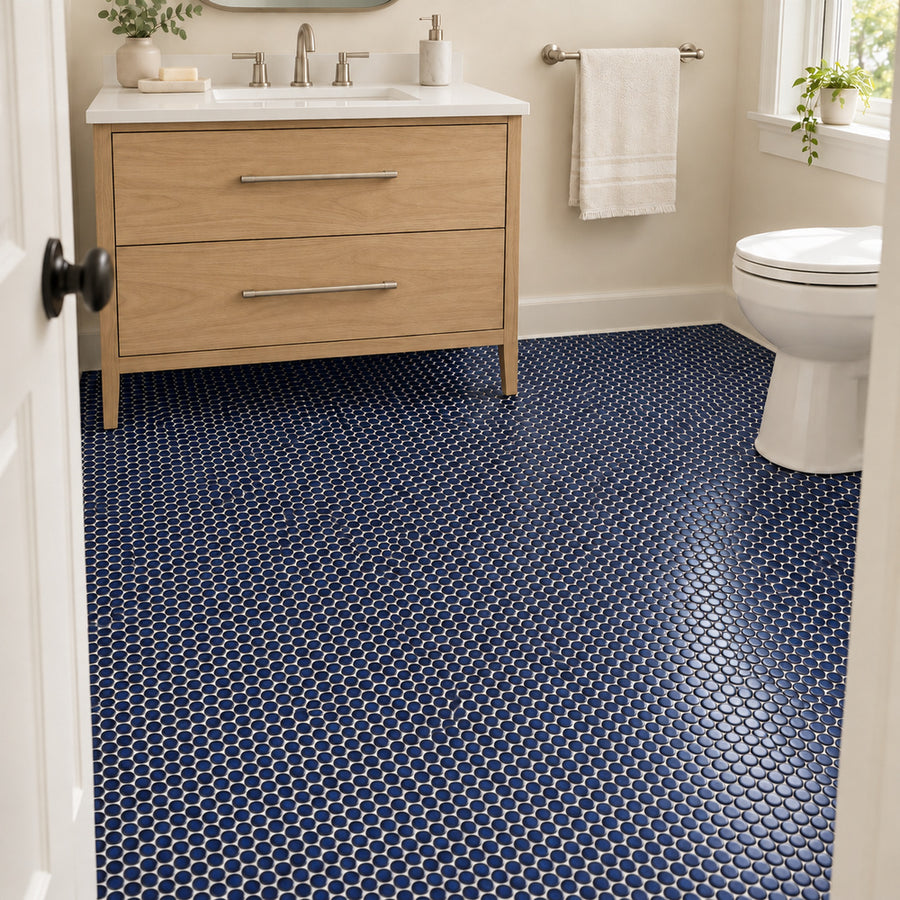 Simple Navy Blue Penny Round Ceramic Mosaic Glossy