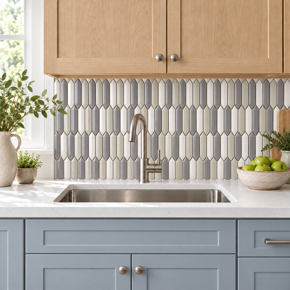Simple Paris Blend Beveled Picket Ceramic Mosaic Glossy installed as kitchen backsplash