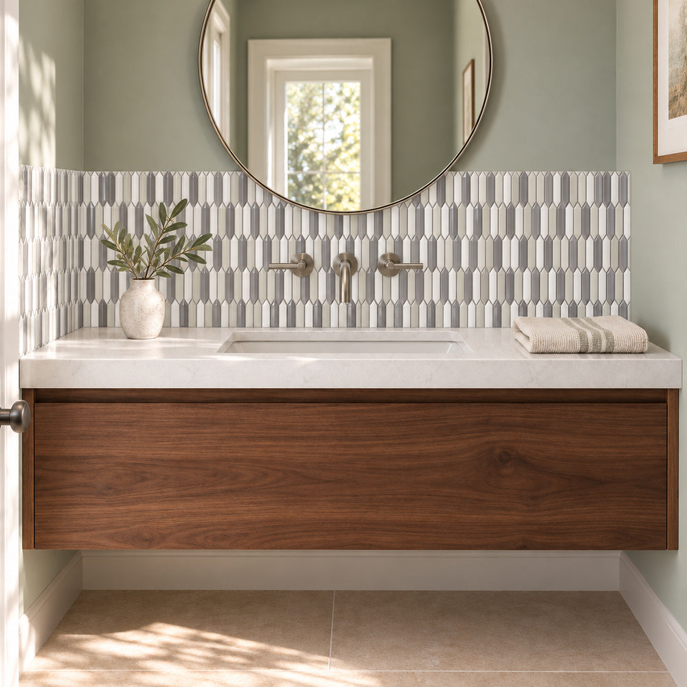 Simple Paris Blend Beveled Picket Ceramic Mosaic Glossy installed as bathroom vanity wall