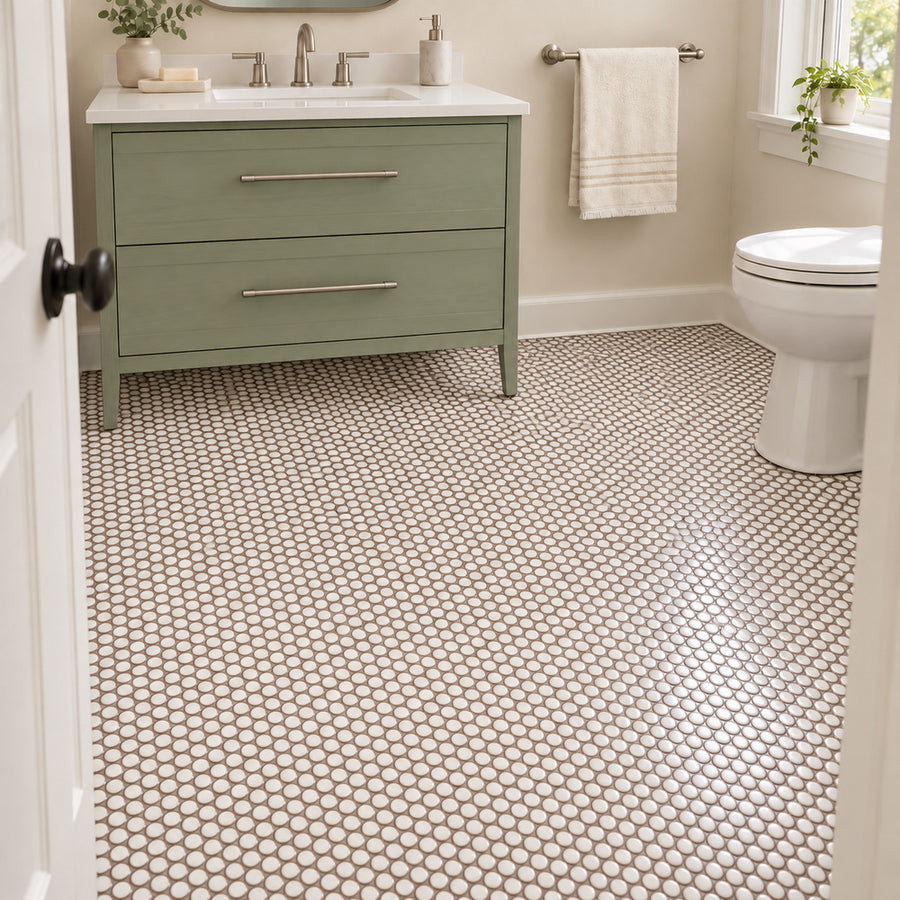 Simple Pearl White Penny Round Ceramic Mosaic Glossy