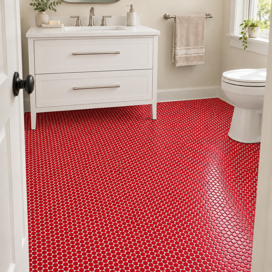 Simple Red Penny Round Ceramic Mosaic Glossy