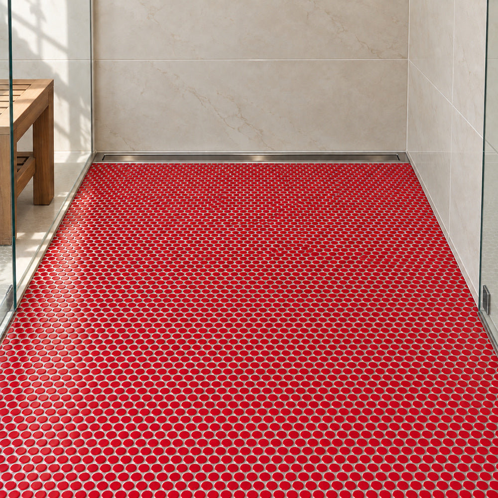 Simple Red Penny Round Ceramic Mosaic Glossy installed with straight aligned penny-round mosaic sheets on shower floor