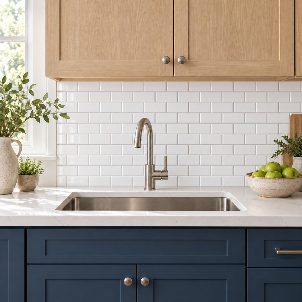 Simple Snow White 2x4 Subway Ceramic Mosaic Glossy installed as kitchen backsplash