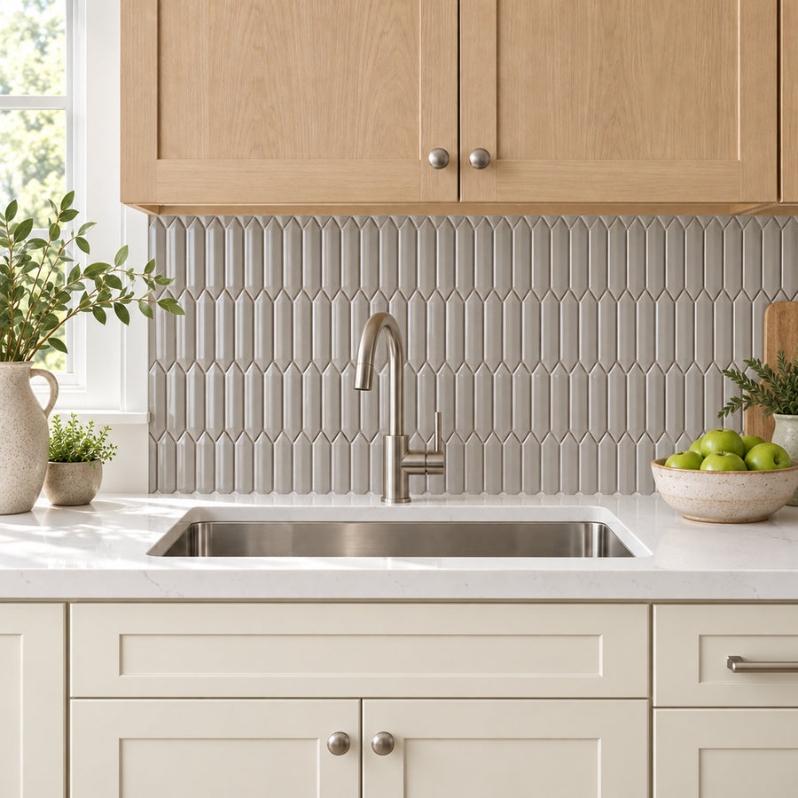 Simple Soft Gray Beveled Picket Ceramic Mosaic Glossy