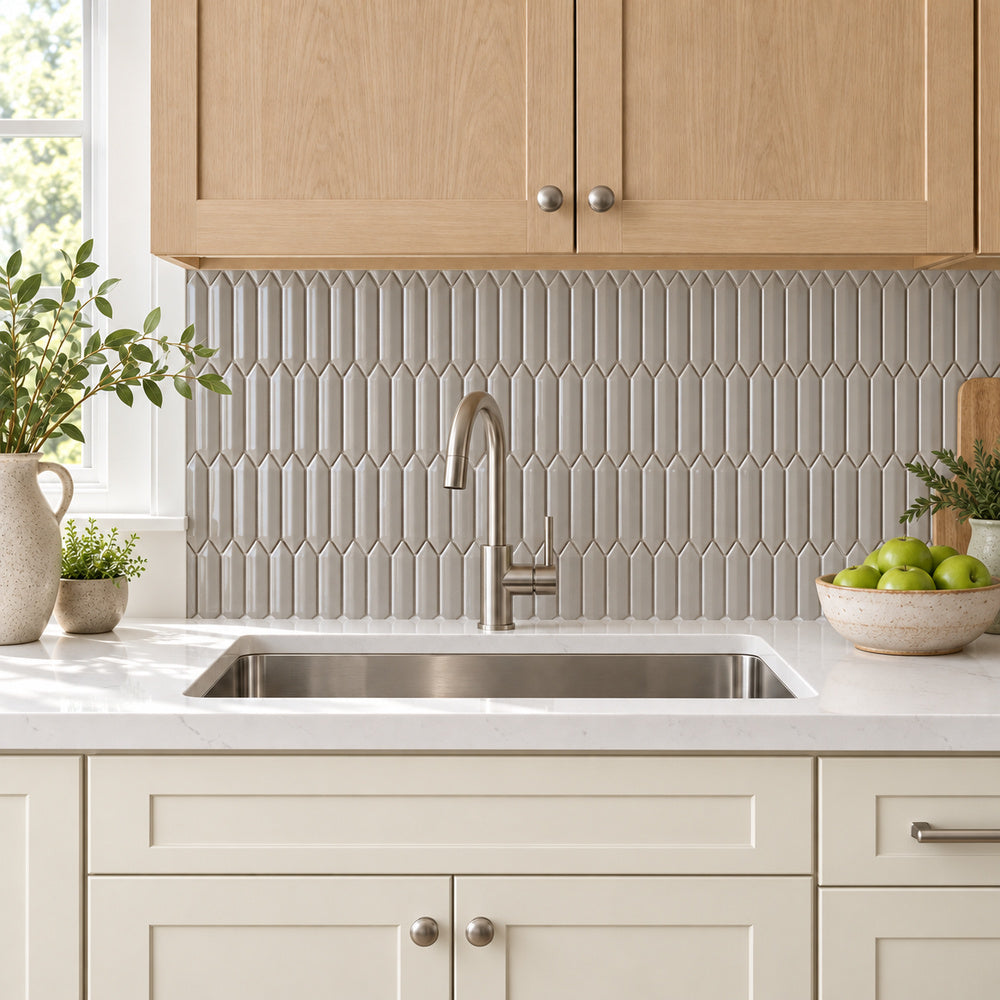 Simple Soft Gray Beveled Picket Ceramic Mosaic Glossy installed as kitchen backsplash