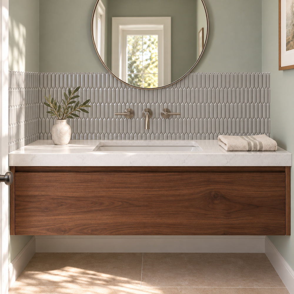 Simple Soft Gray Beveled Picket Ceramic Mosaic Glossy installed as bathroom vanity wall