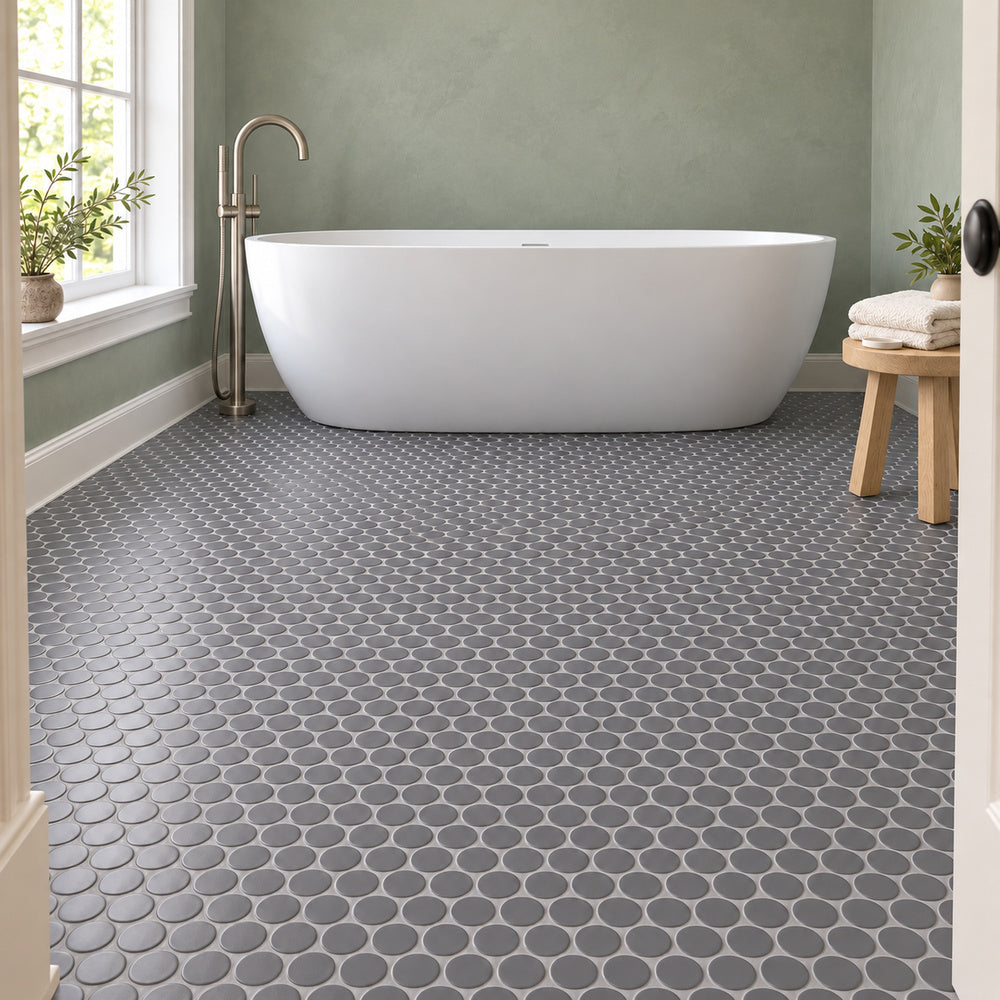 Simple Soft Gray Large Penny Round Ceramic Mosaic Matte installed on bathroom floor beside bathtub