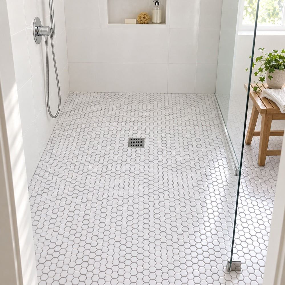 Simple White 1" Hexagon Ceramic Mosaic Matte installed room scene 2