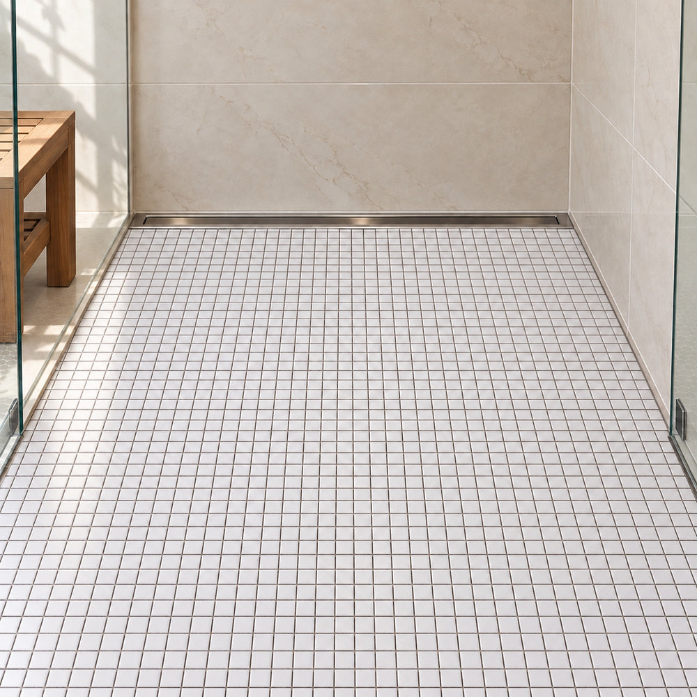 Simple White 1x1 Square Ceramic Mosaic Matte installed in straight sheets on shower floor