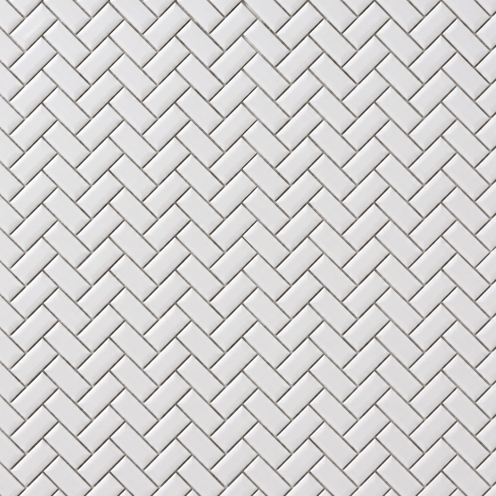 Simple White 1x2 Beveled Herringbone Ceramic Mosaic Glossy close-up