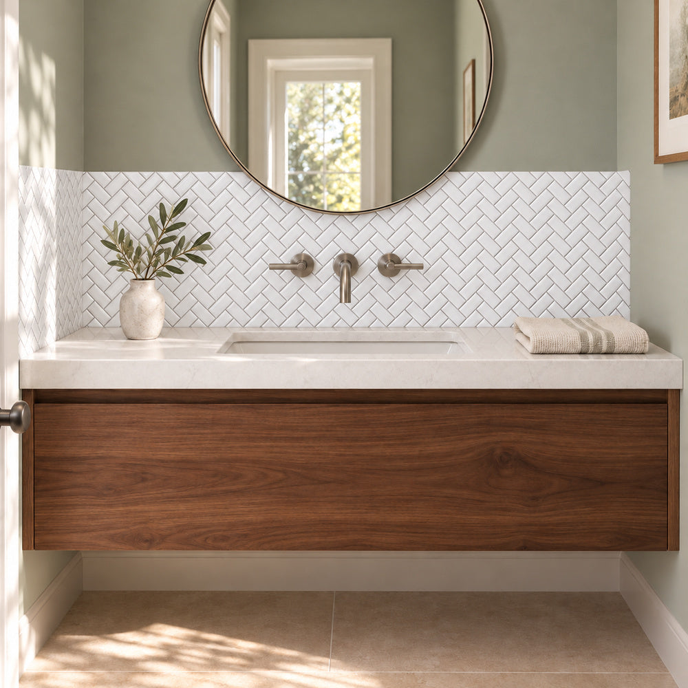 Simple White 1x2 Beveled Herringbone Ceramic Mosaic Glossy with continuous herringbone installation in bathroom