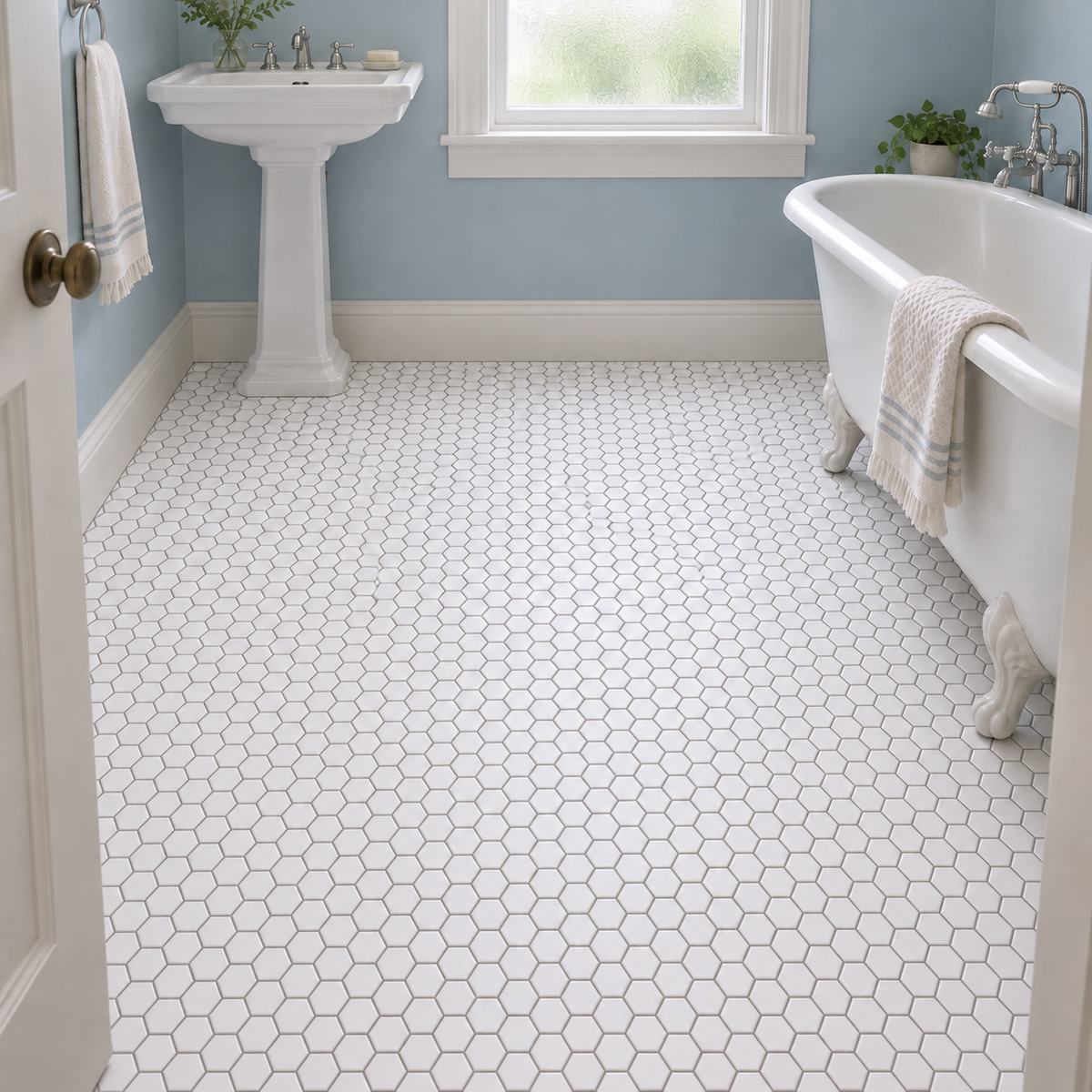 Simple White 2-inch hexagon matte ceramic mosaic installed room scene