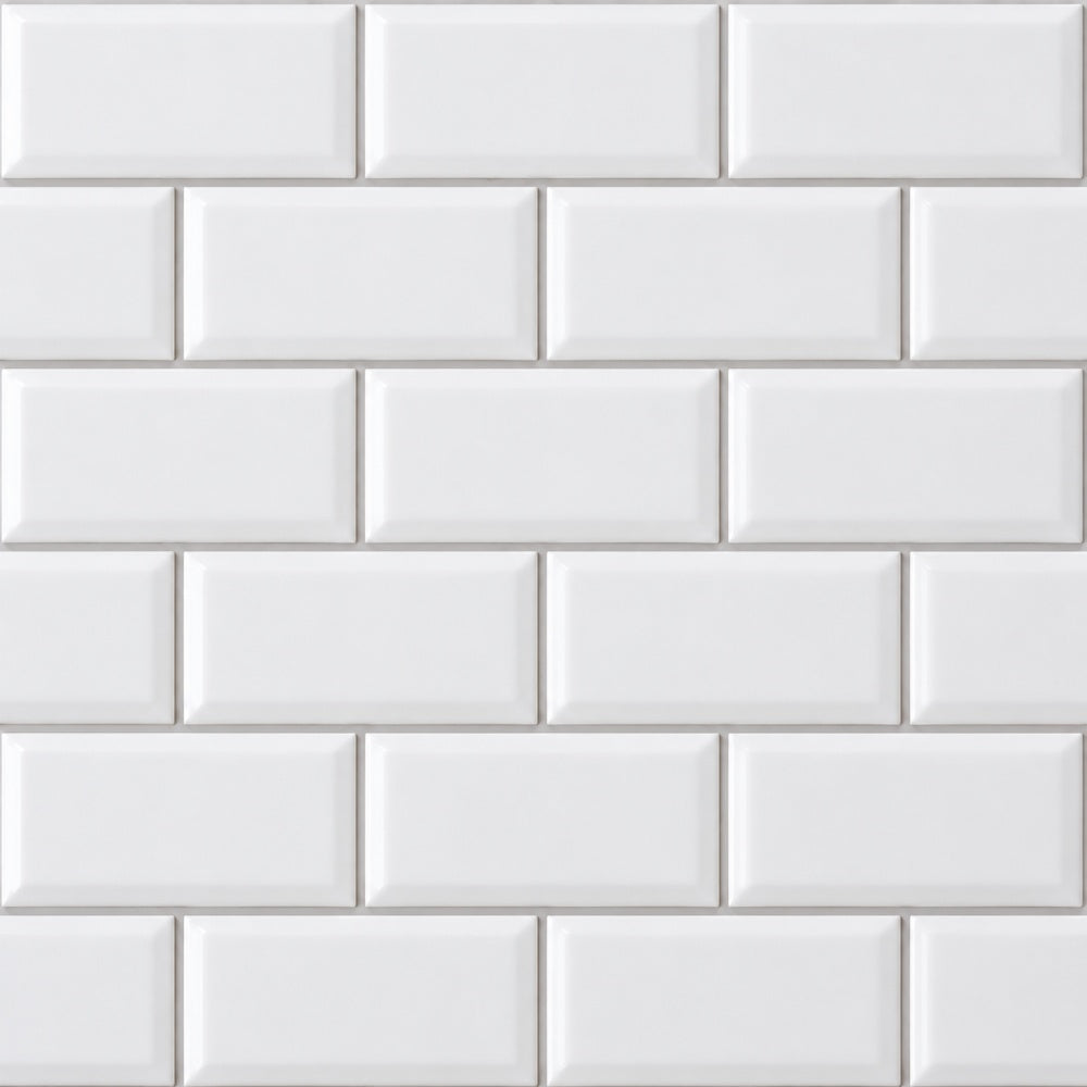 Simple White 2x4 Beveled Ceramic Mosaic Glossy close-up