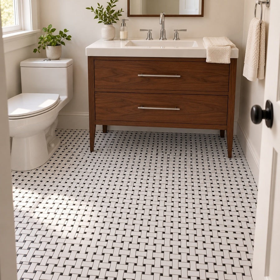 Simple White and Black Basketweave Ceramic Mosaic Matte