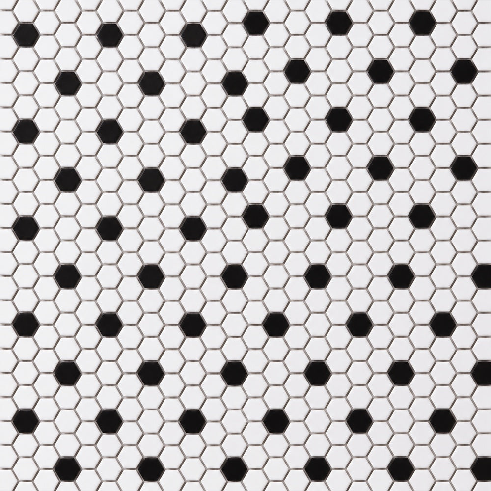 Simple White and Black Hexagon Ceramic Mosaic Matte close-up