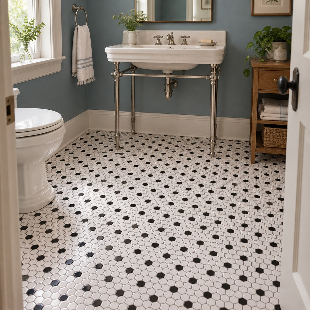 Simple White and Black Hexagon Ceramic Mosaic Matte installed room scene 1