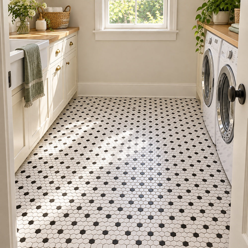 Simple White and Black Hexagon Ceramic Mosaic Matte installed room scene 2