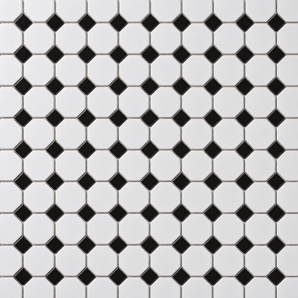 Simple White and Black Octagon Ceramic Mosaic Matte close-up