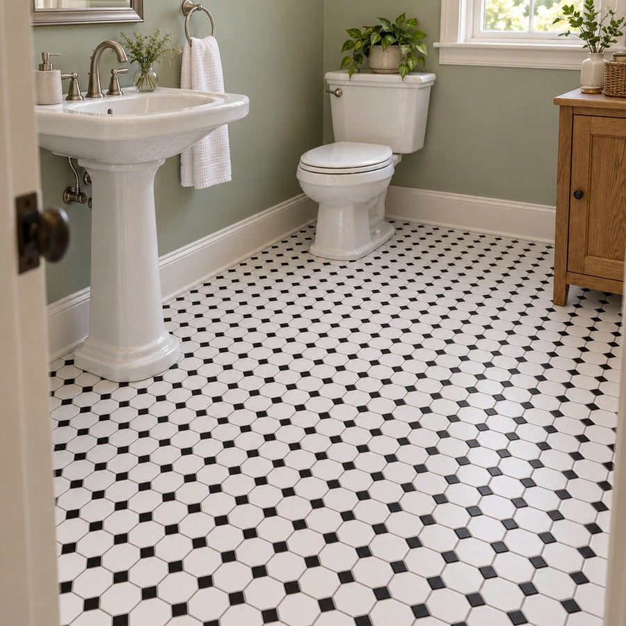 Simple White and Black Octagon Ceramic Mosaic Matte
