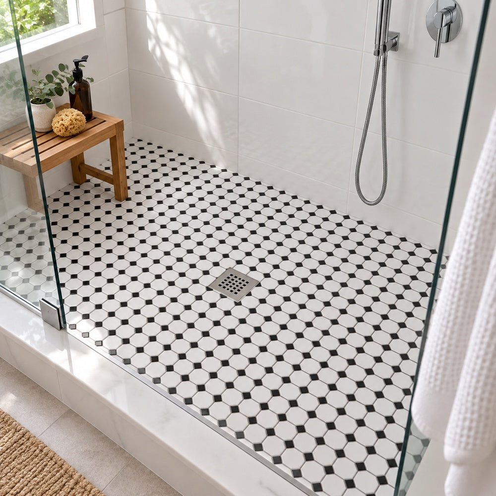 Simple White and Black Octagon Ceramic Mosaic Matte installed room scene 2