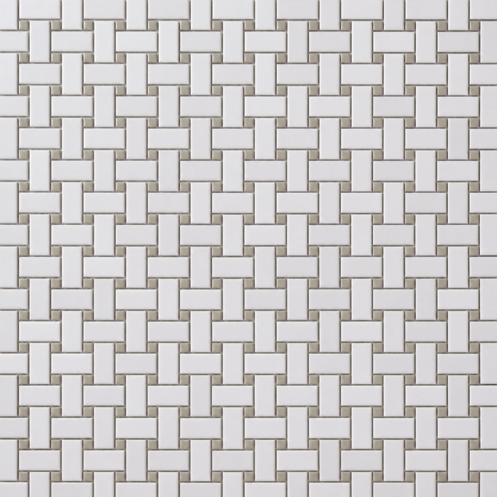 Simple White and Gray Basketweave Ceramic Mosaic Matte close-up
