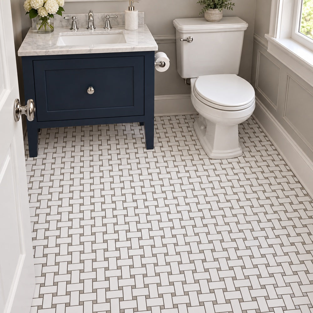 Simple White and Gray Basketweave Ceramic Mosaic Matte installed room scene