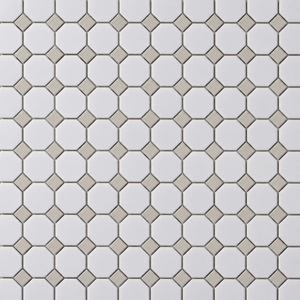 Simple White and Gray Octagon Ceramic Mosaic Matte close-up
