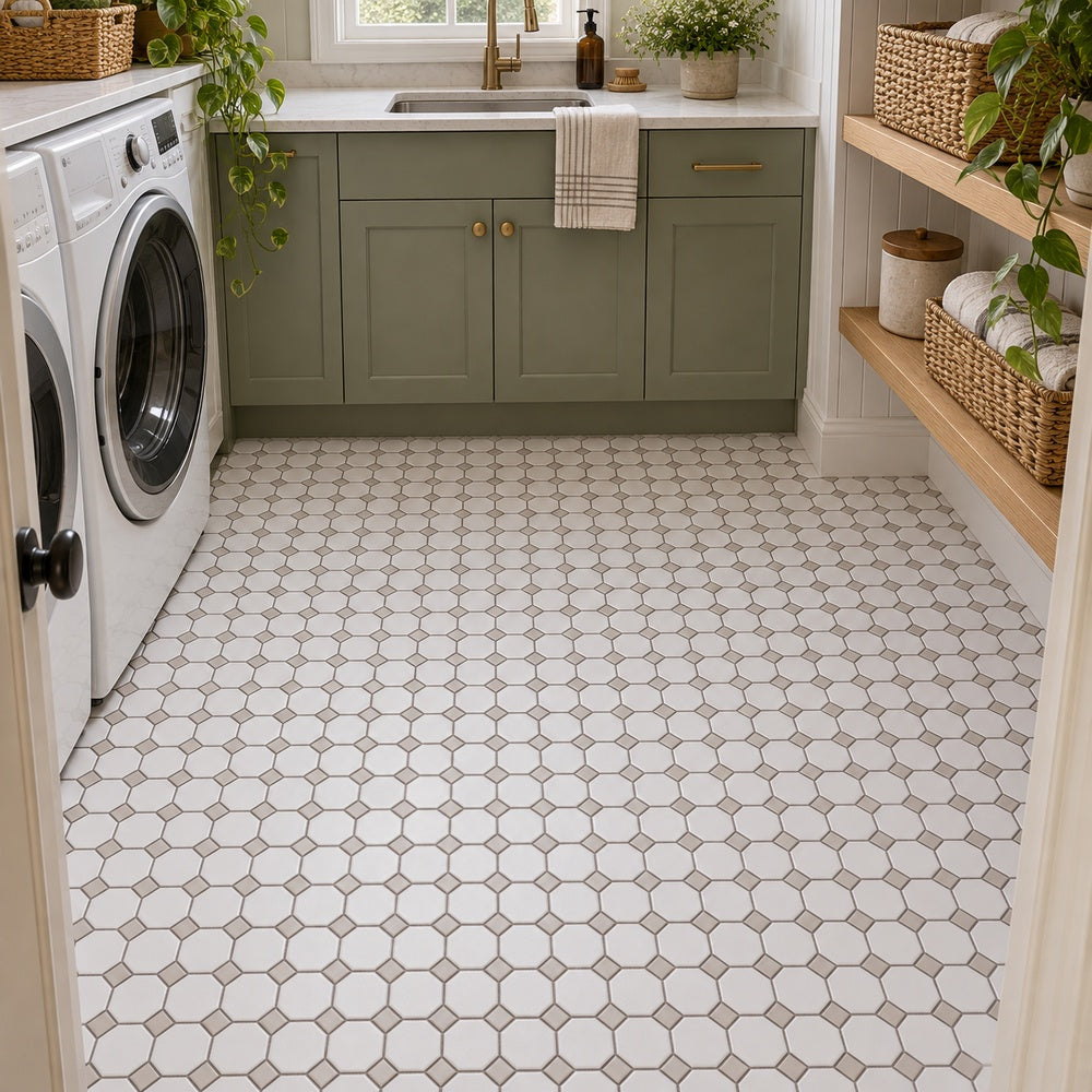 Simple White and Gray Octagon Ceramic Mosaic Matte installed room scene 2