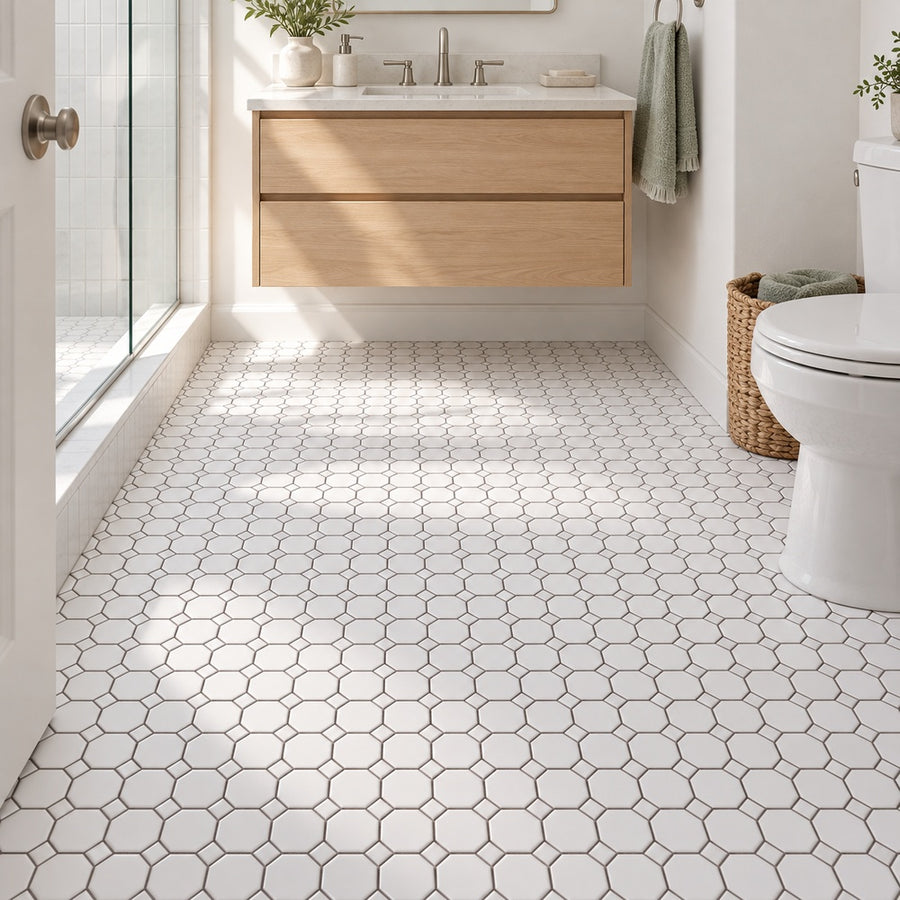 Simple White Octagon Ceramic Mosaic Matte