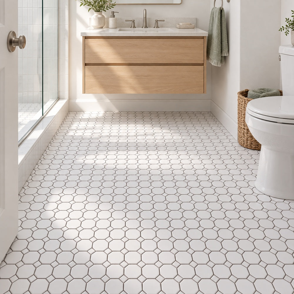 Simple White Octagon Ceramic Mosaic Matte installed room scene 1