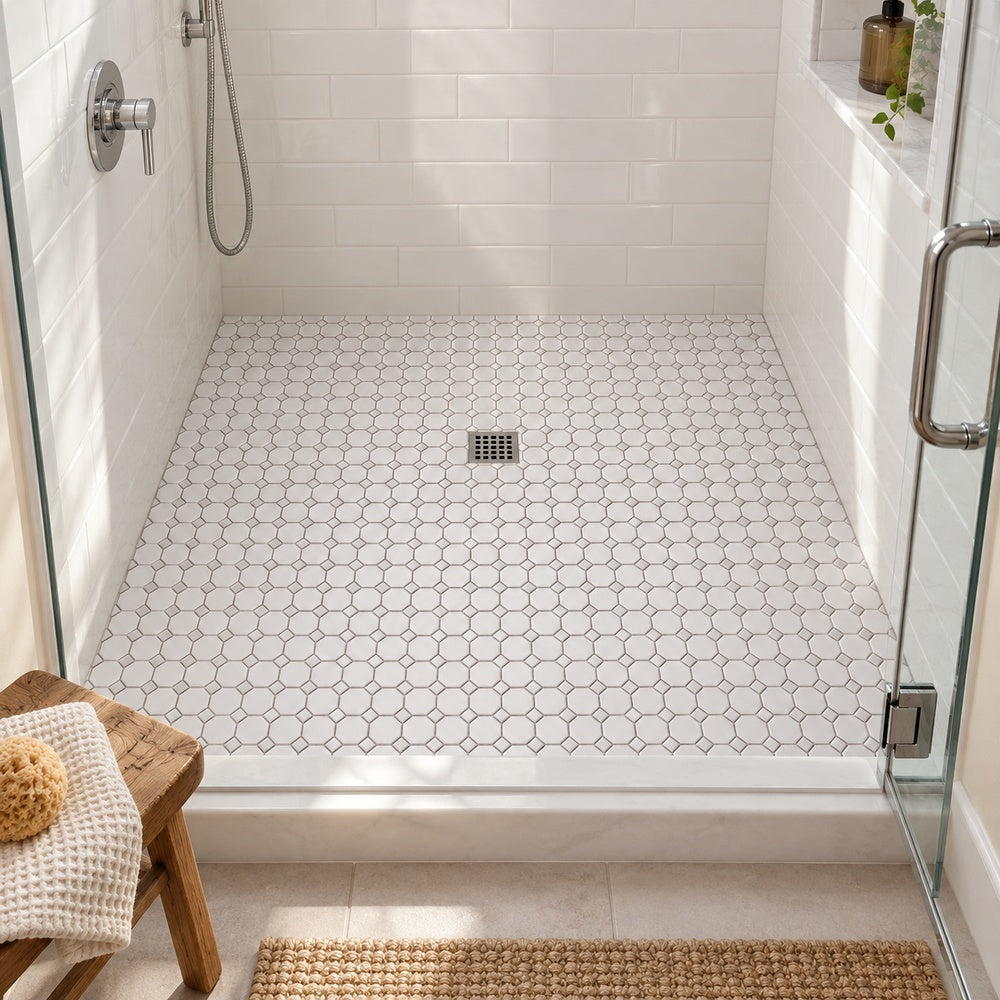 Simple White Octagon Ceramic Mosaic Matte installed room scene 2
