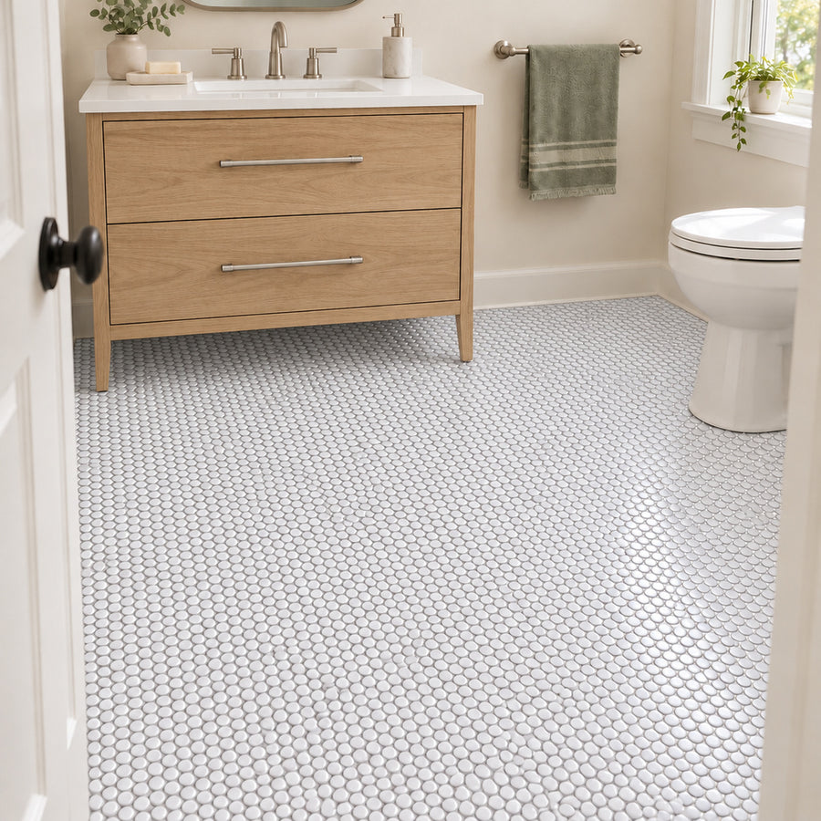Simple White Penny Round Ceramic Mosaic
