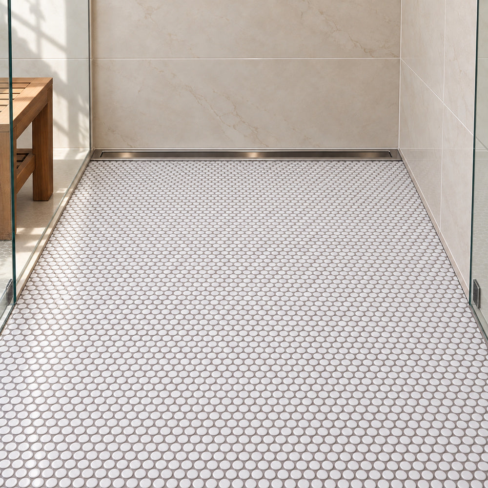 Simple White Penny Round Ceramic Mosaic installed with straight aligned penny-round mosaic sheets on shower floor