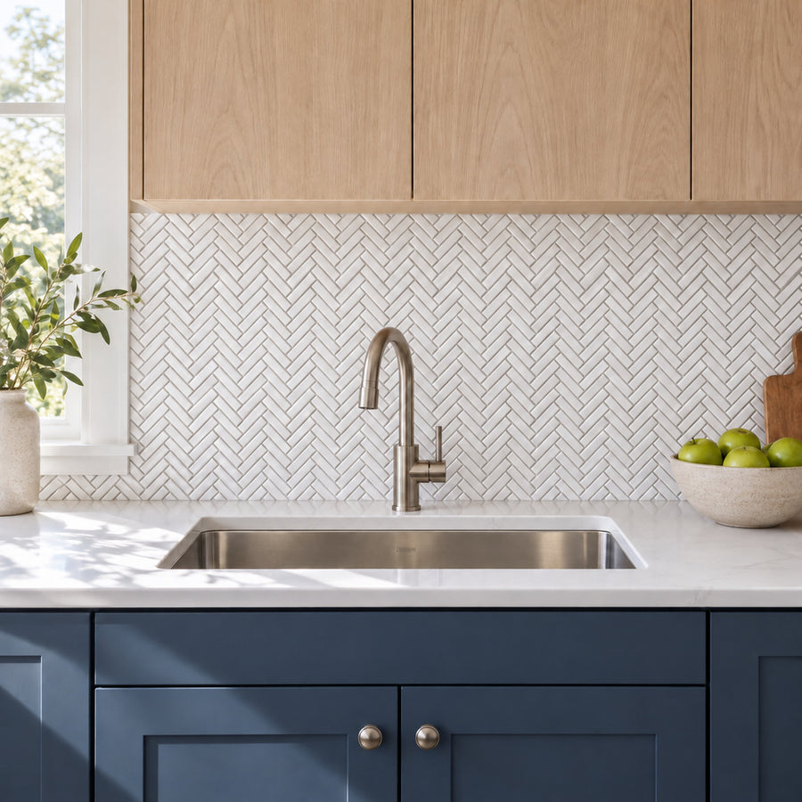 Simple White Skinny Herringbone Ceramic Mosaic Glossy