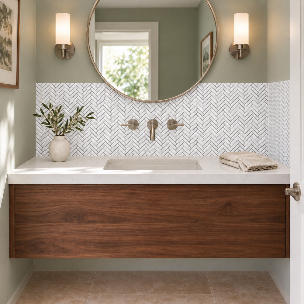 Simple White Skinny Herringbone Ceramic Mosaic Glossy with continuous herringbone installation in bathroom