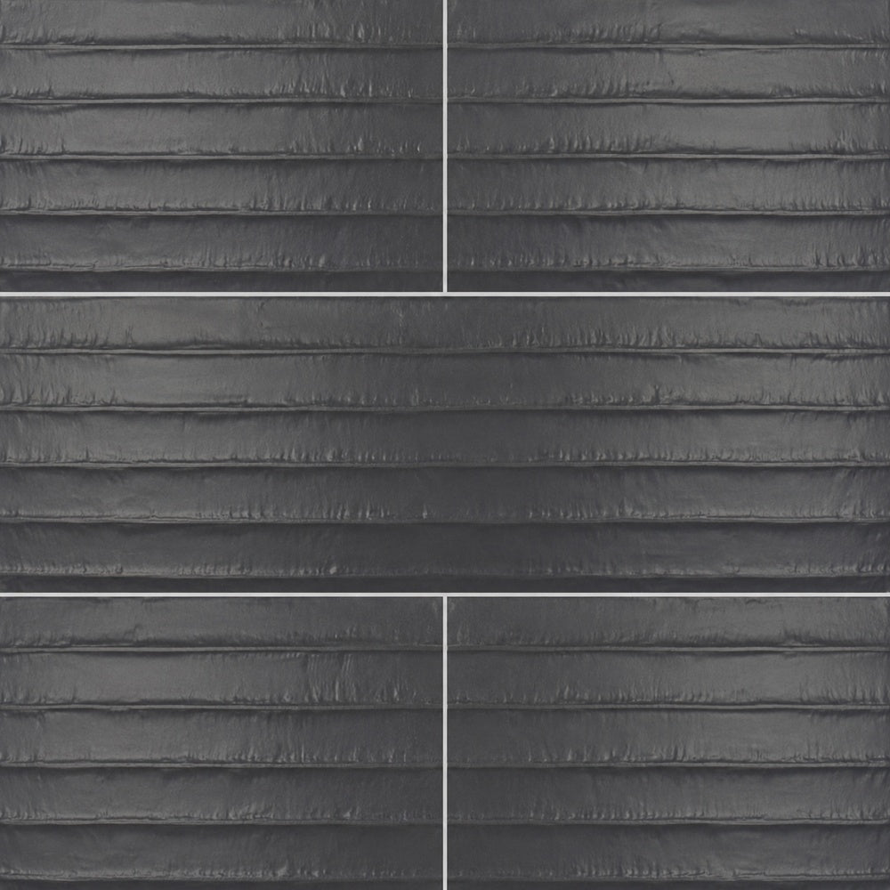 Solace Black 16x48 R Ceramic Tile large-format installed close-up
