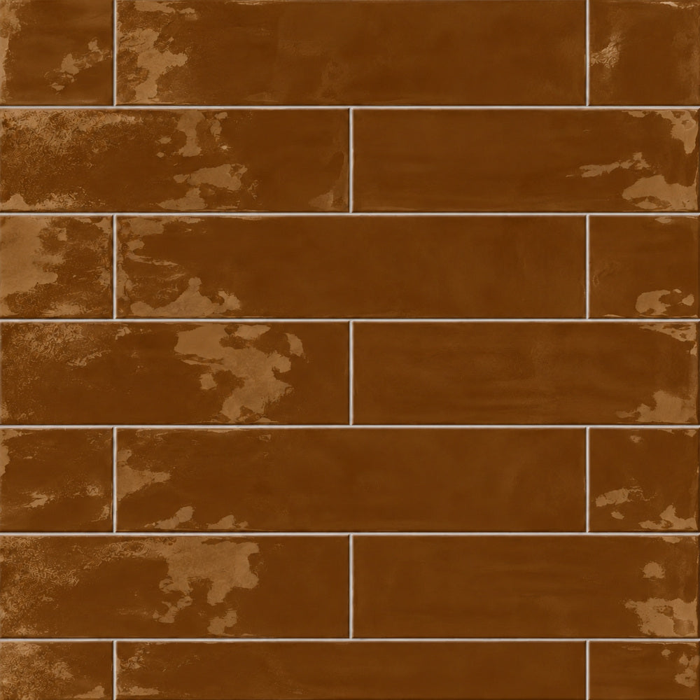 Solenne caramel 2x9 glossy porcelain tile close-up, half-offset rectangular layout