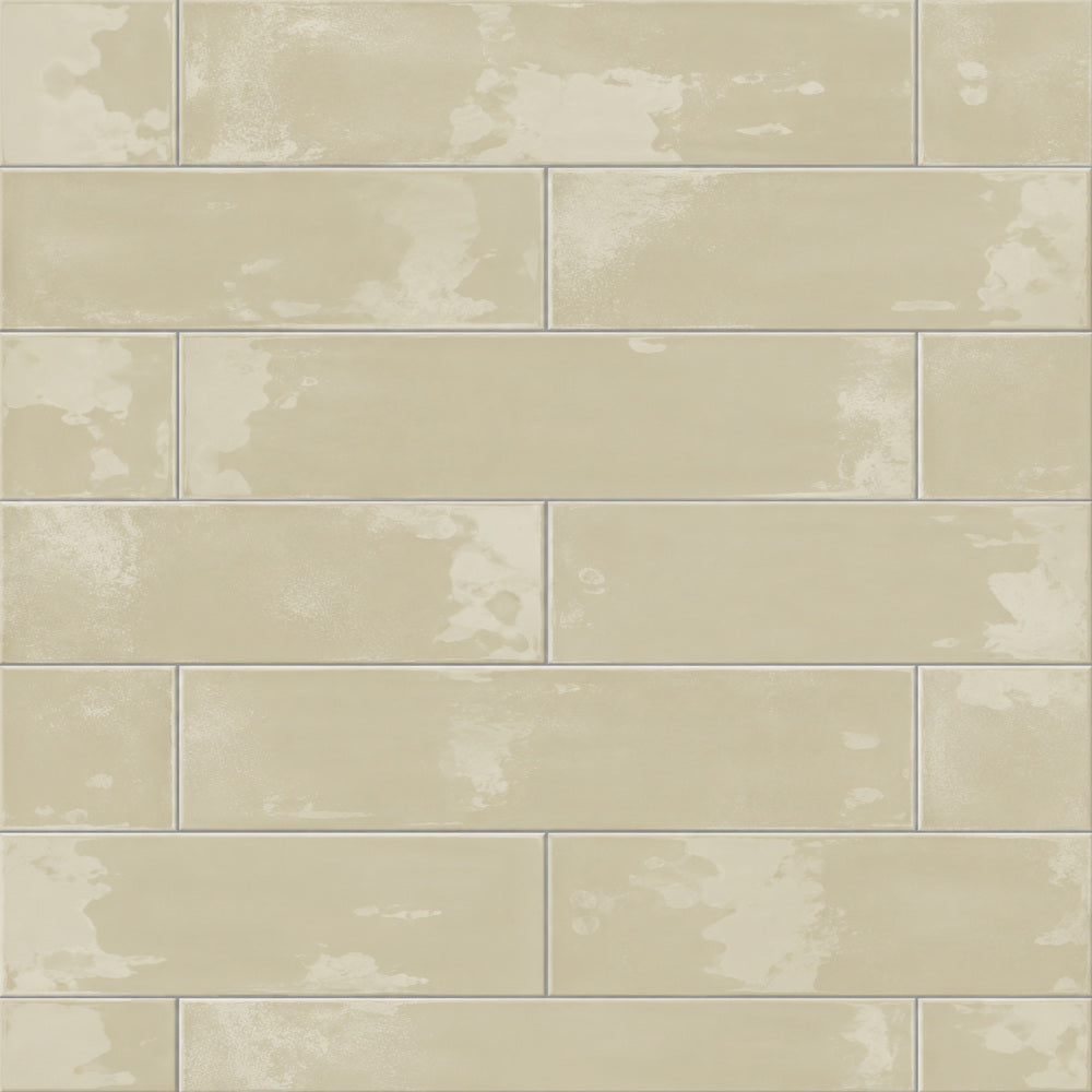 Solenne cream 2x9 glossy porcelain tile close-up, half-offset rectangular layout
