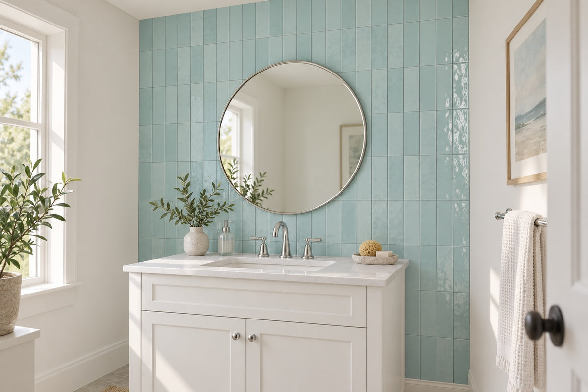 Souk Agua 2.8x11 Bright Porcelain Tile — bathroom installation room scene
