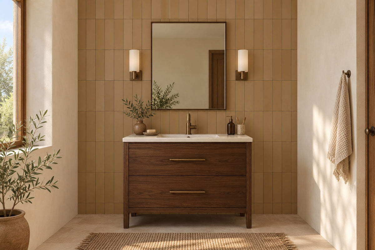 Souk Cotto Oscuro 2.8x11 Matte Porcelain Tile — bathroom installation room scene