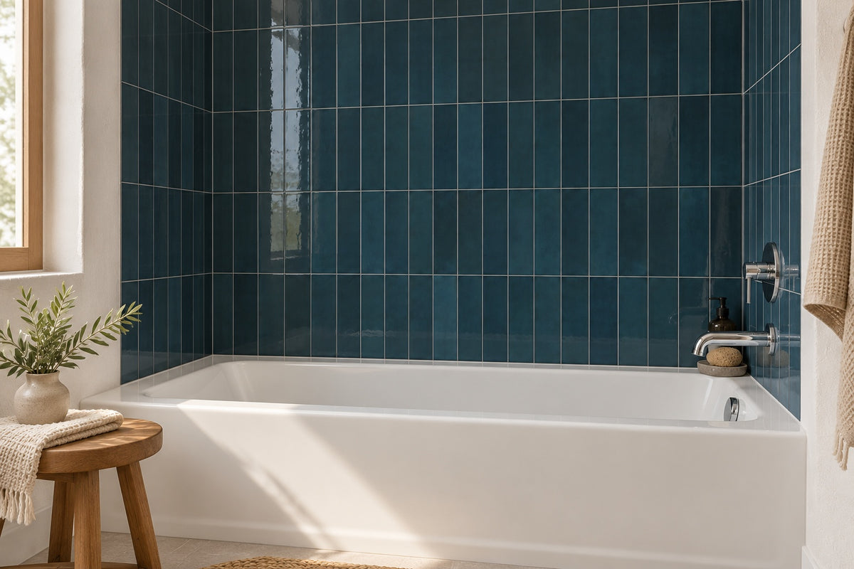 Souk Lago 2.8x11 Bright Porcelain Tile — bathroom installation room scene
