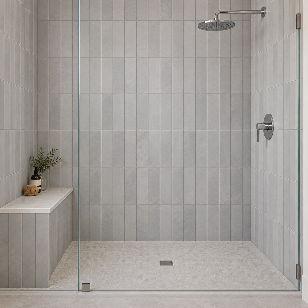 Souk Piedra 2.8x11 Bright Porcelain Tile — installed room scene
