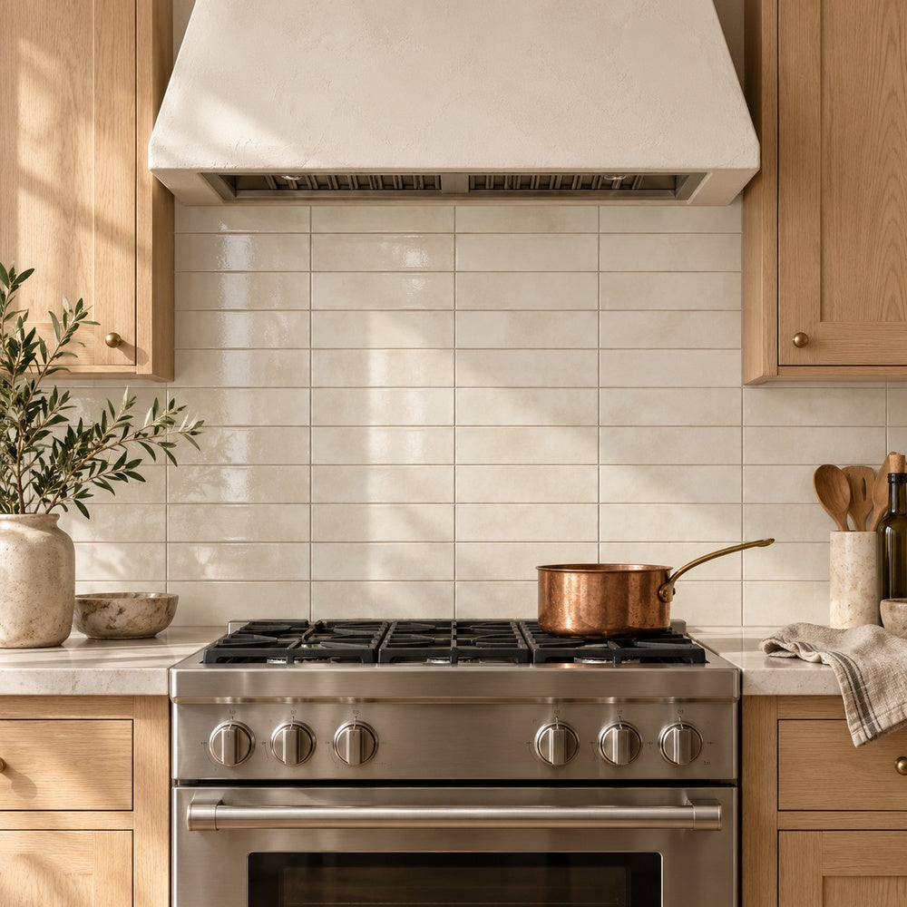 Souk Ivory 2.8x11 Bright Porcelain Tile — installed room scene