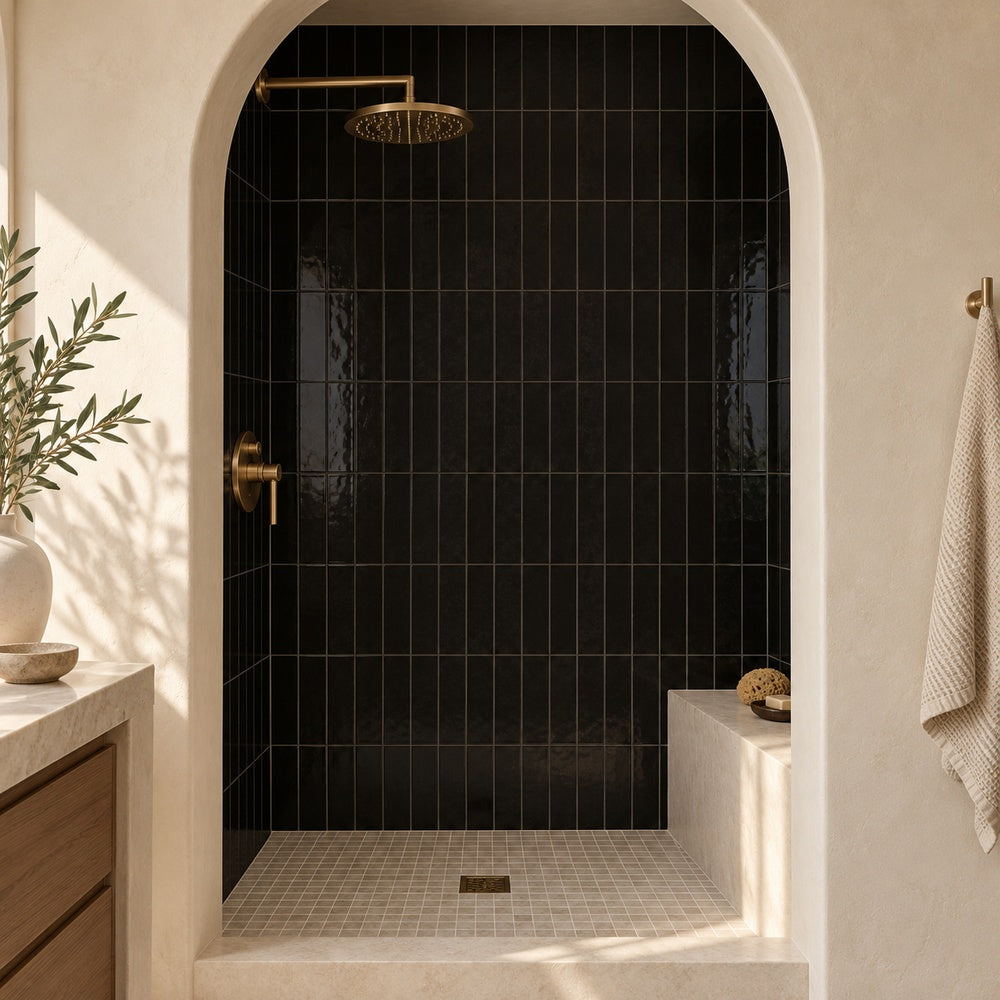 Souk Noche 2.8x11 Bright Porcelain Tile — bathroom wall installation
